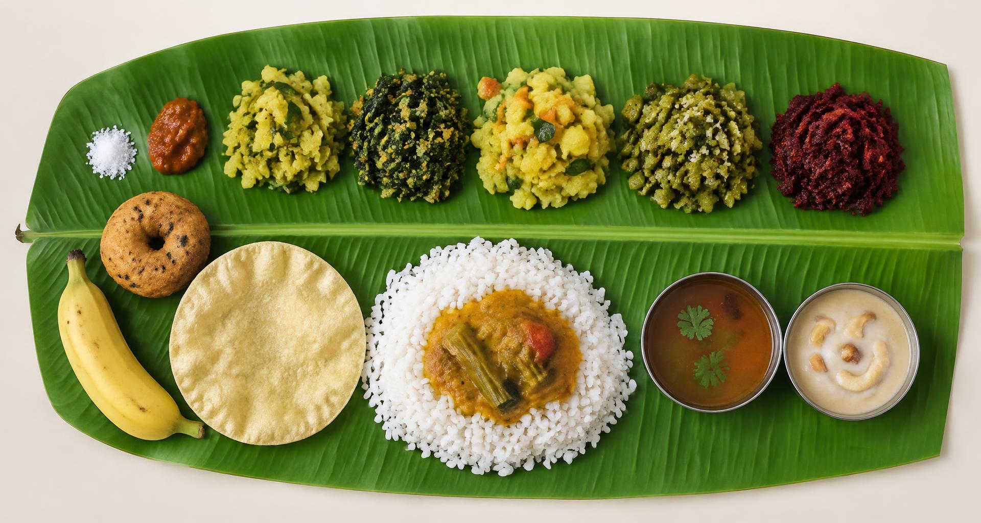 Overhead view of a traditional South Indian vegetarian meal arranged on a banana leaf
