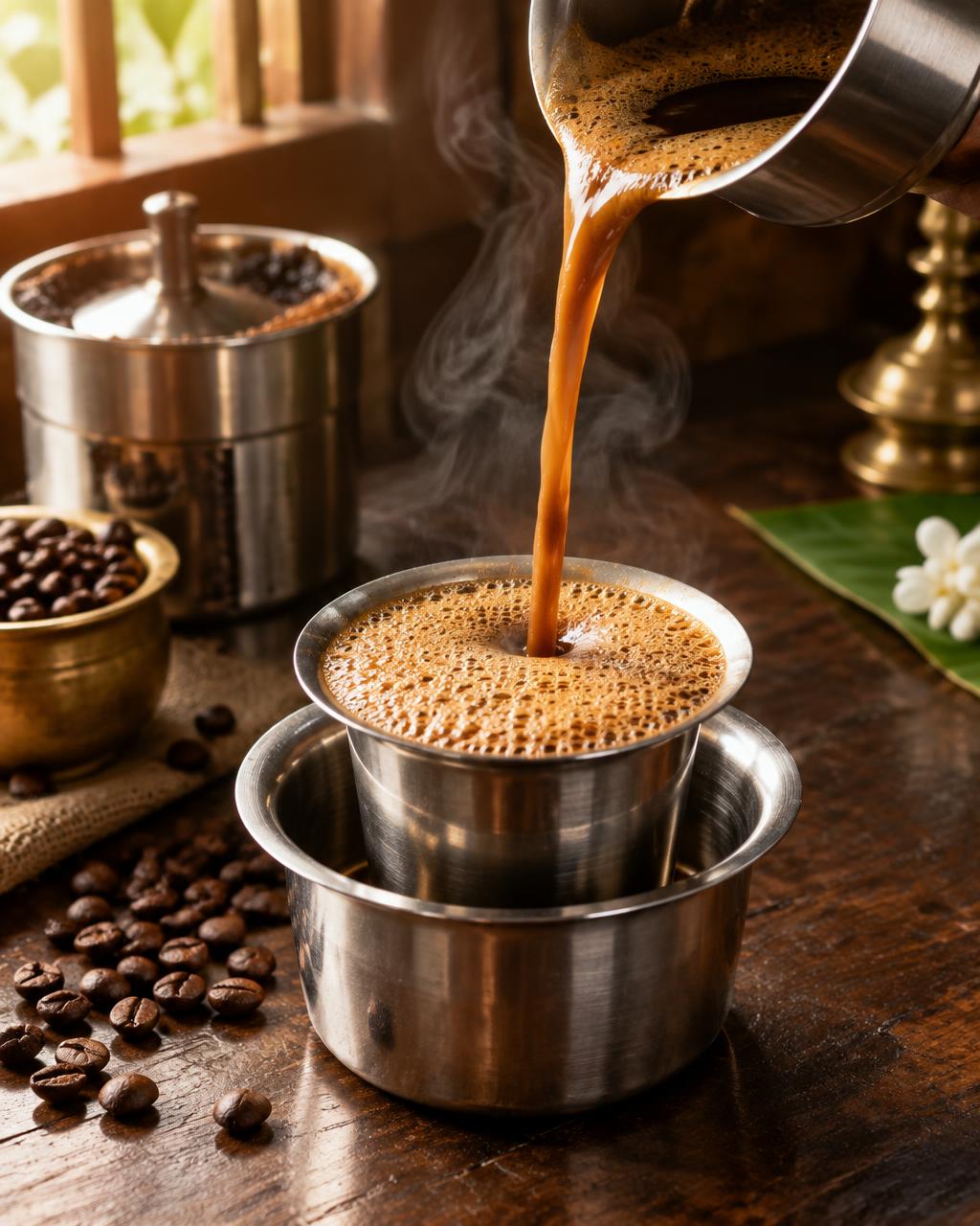Traditional South Indian filter coffee poured into a davara tumbler
