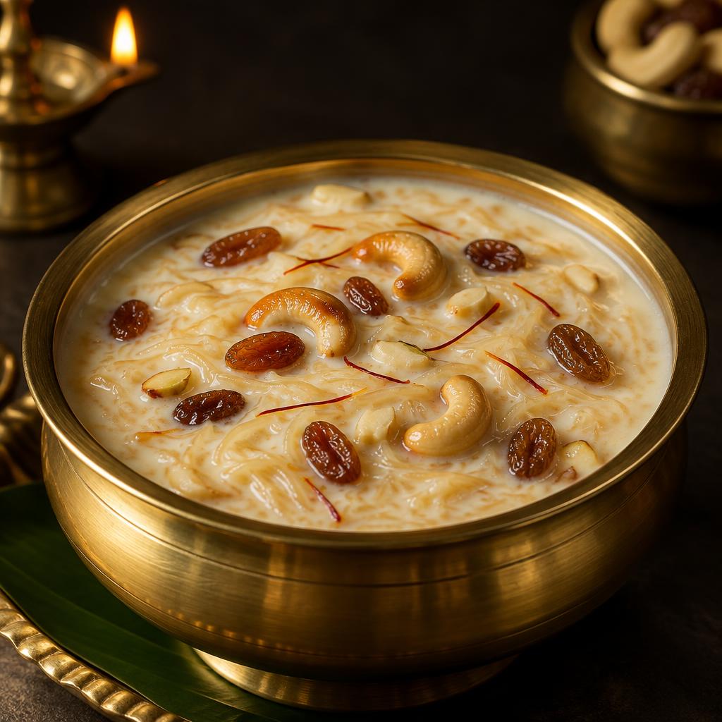 Payasam served in a brass bowl with cashews and raisins