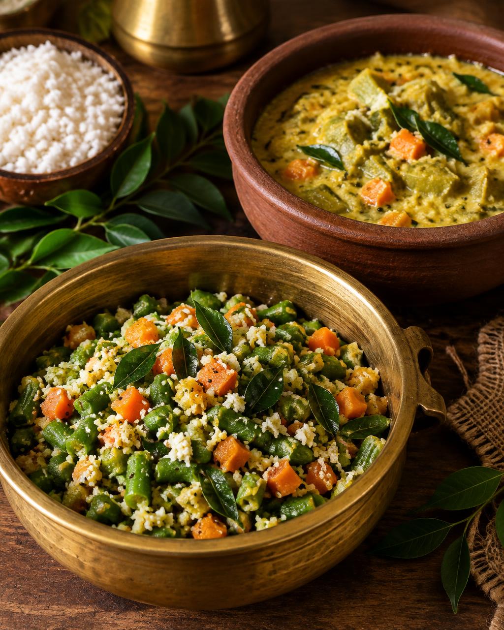 Vegetable poriyal and kootu in brass and clay bowls