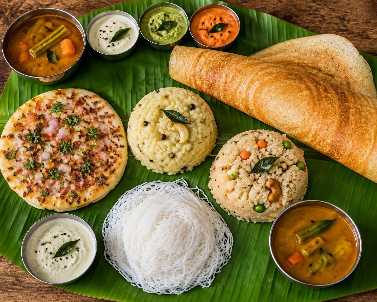 South Indian tiffin spread with dosa, pongal, upma and idiyappam