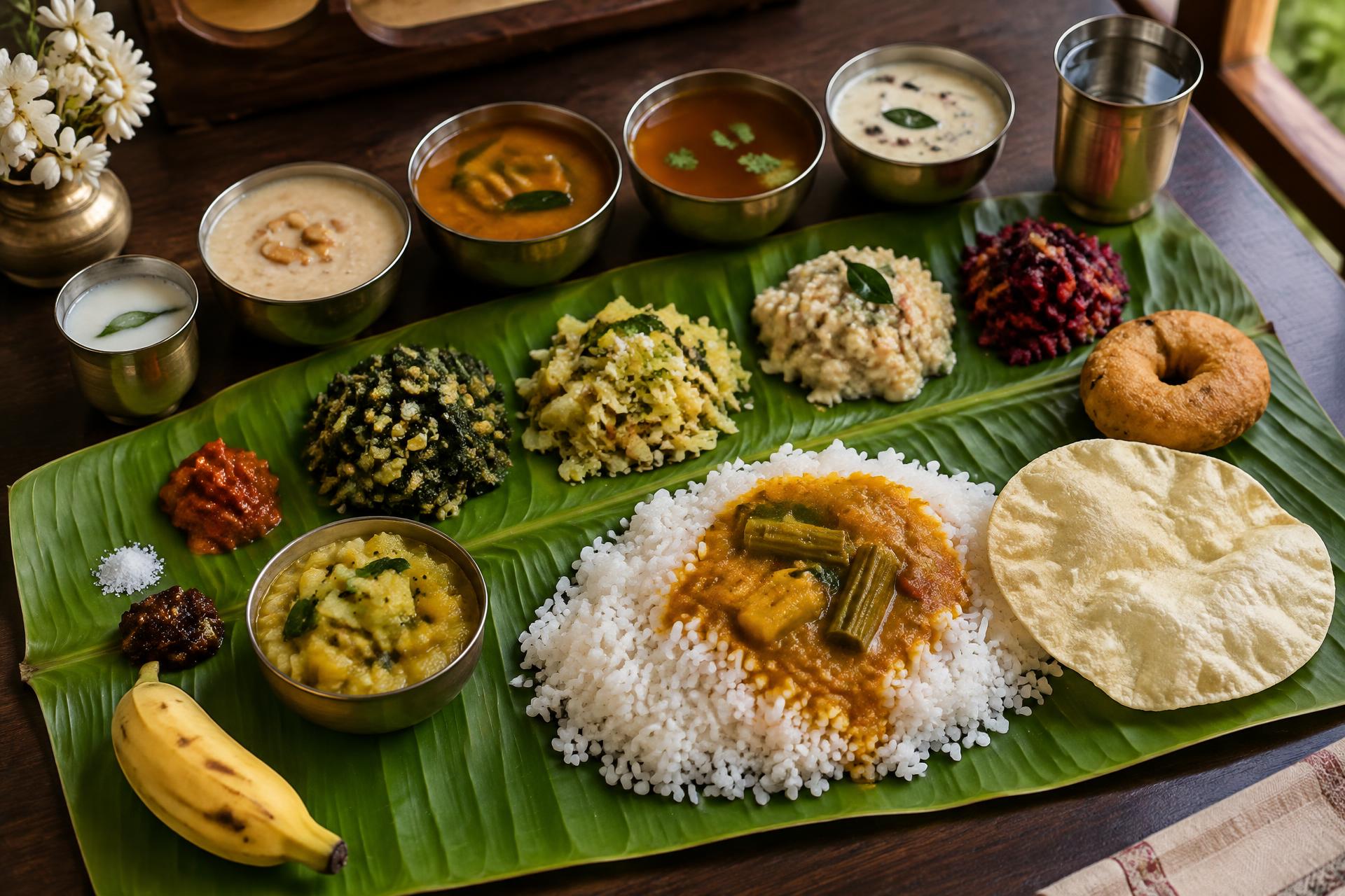 Traditional Tamil vegetarian banana leaf feast with rice, sambar, poriyal and payasam