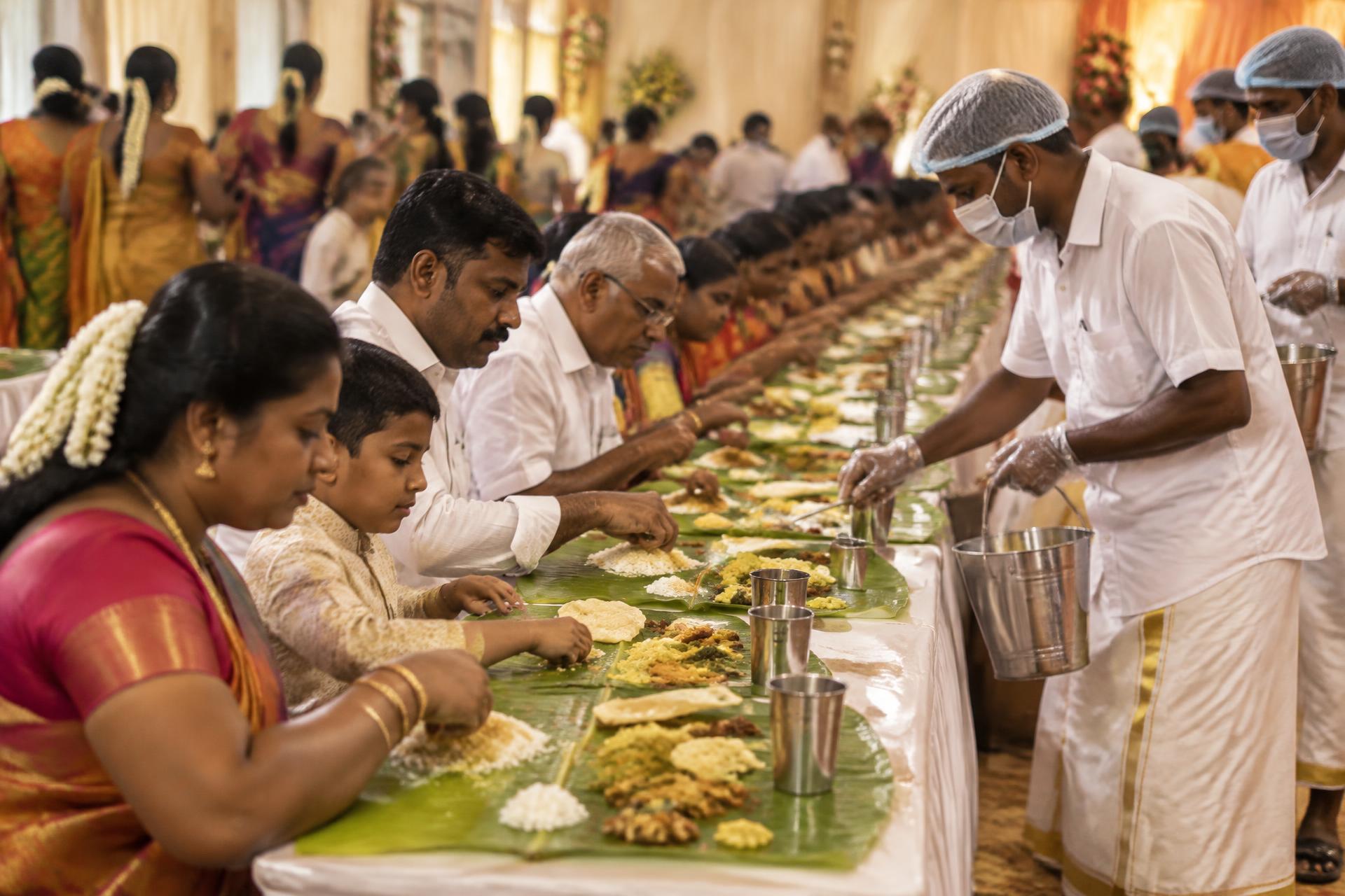 Guests at a South Indian wedding being served a vegetarian feast on banana leaves