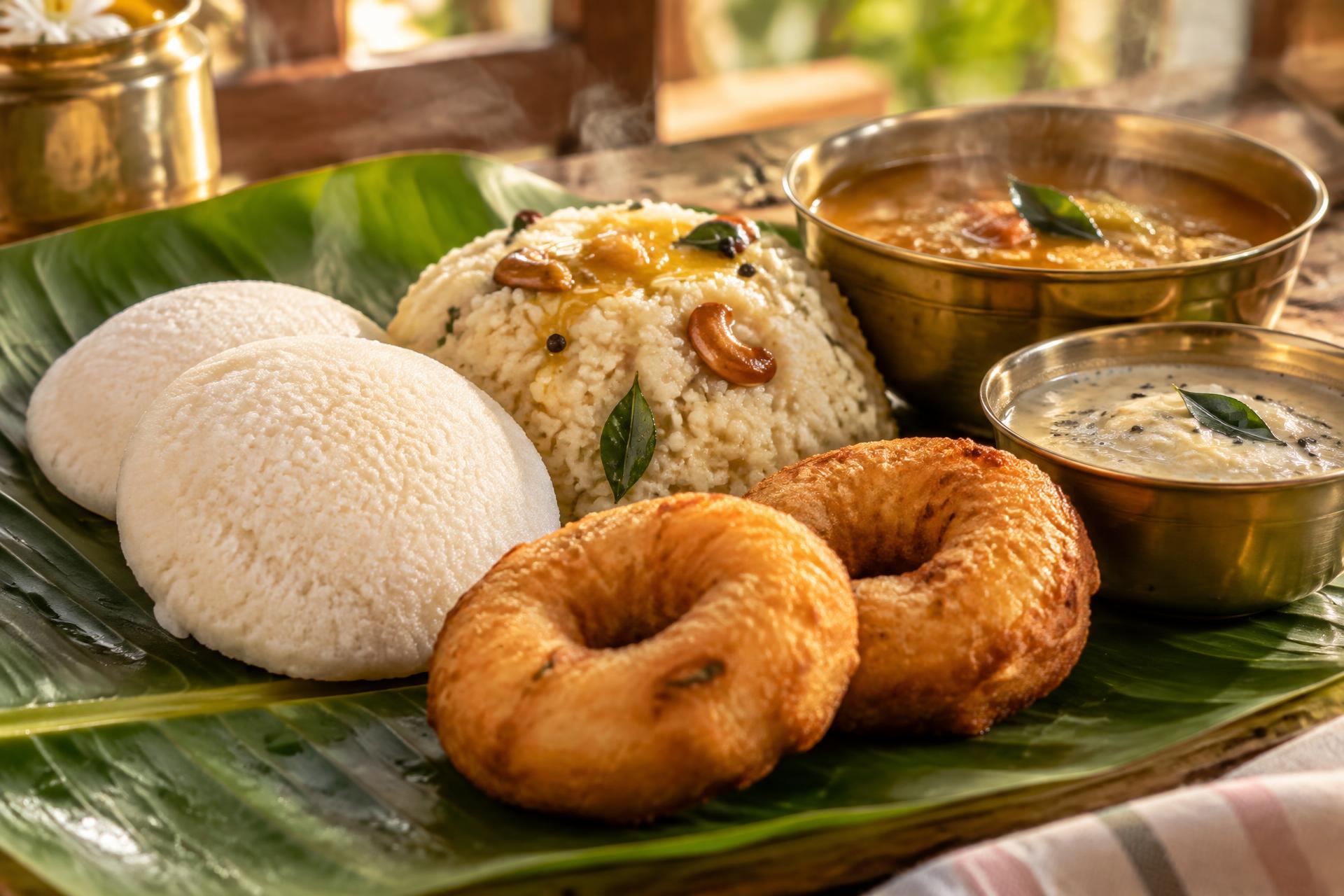 Idli, medu vadai, ven pongal, sambar and chutney served on a banana leaf