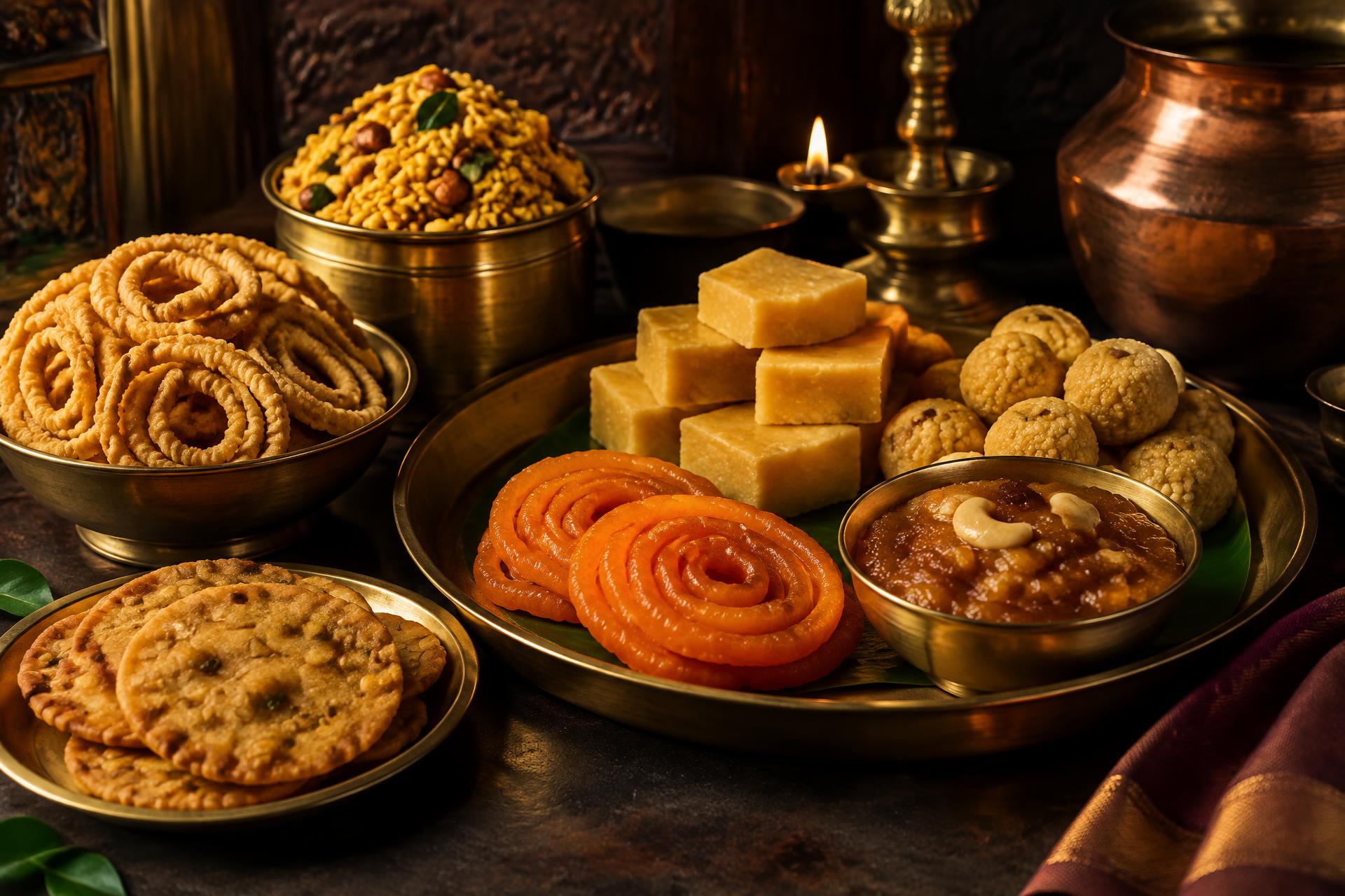 Traditional South Indian sweets and savouries presented in brass vessels