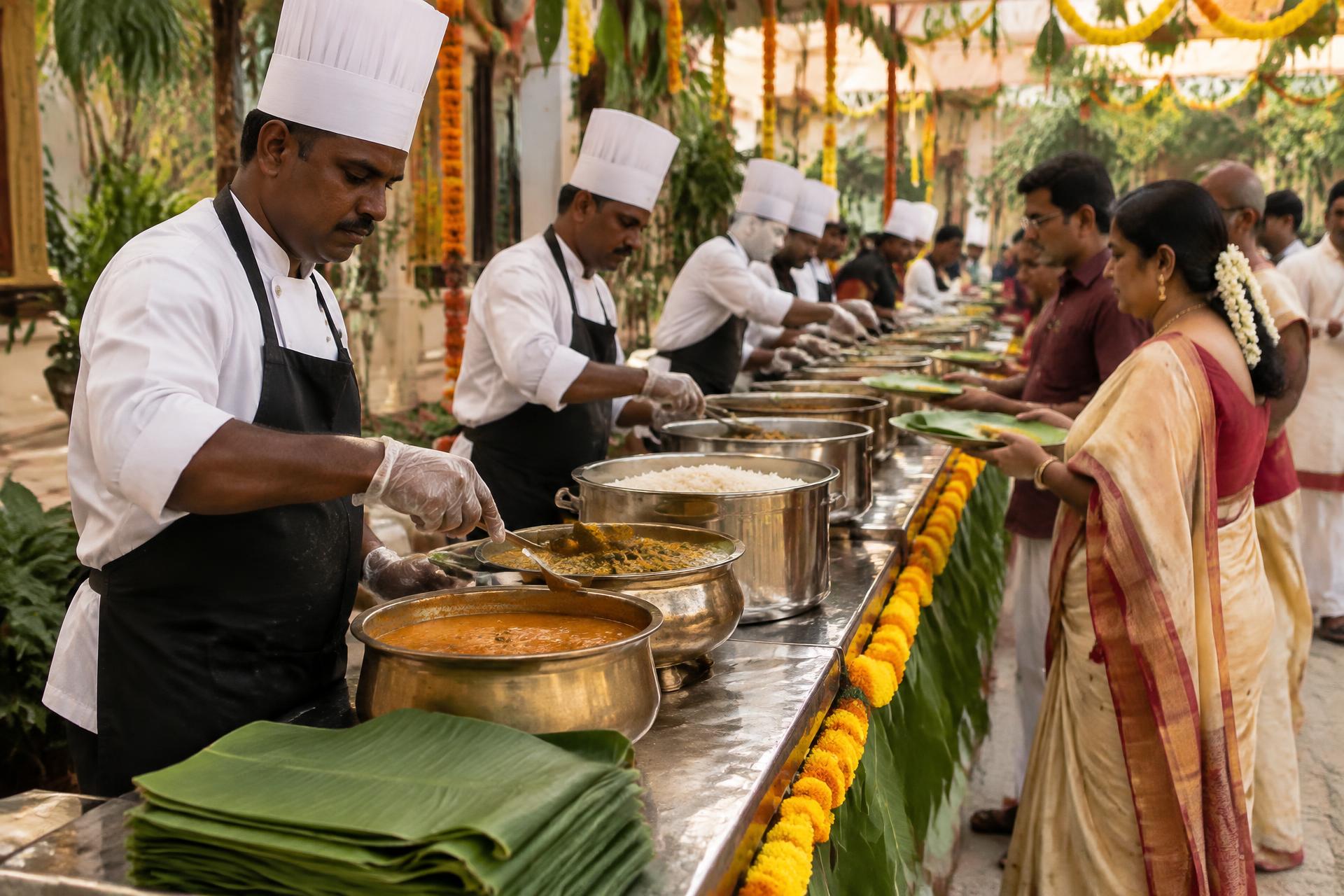 Catering team serving vegetarian food from brass vessels at a family function