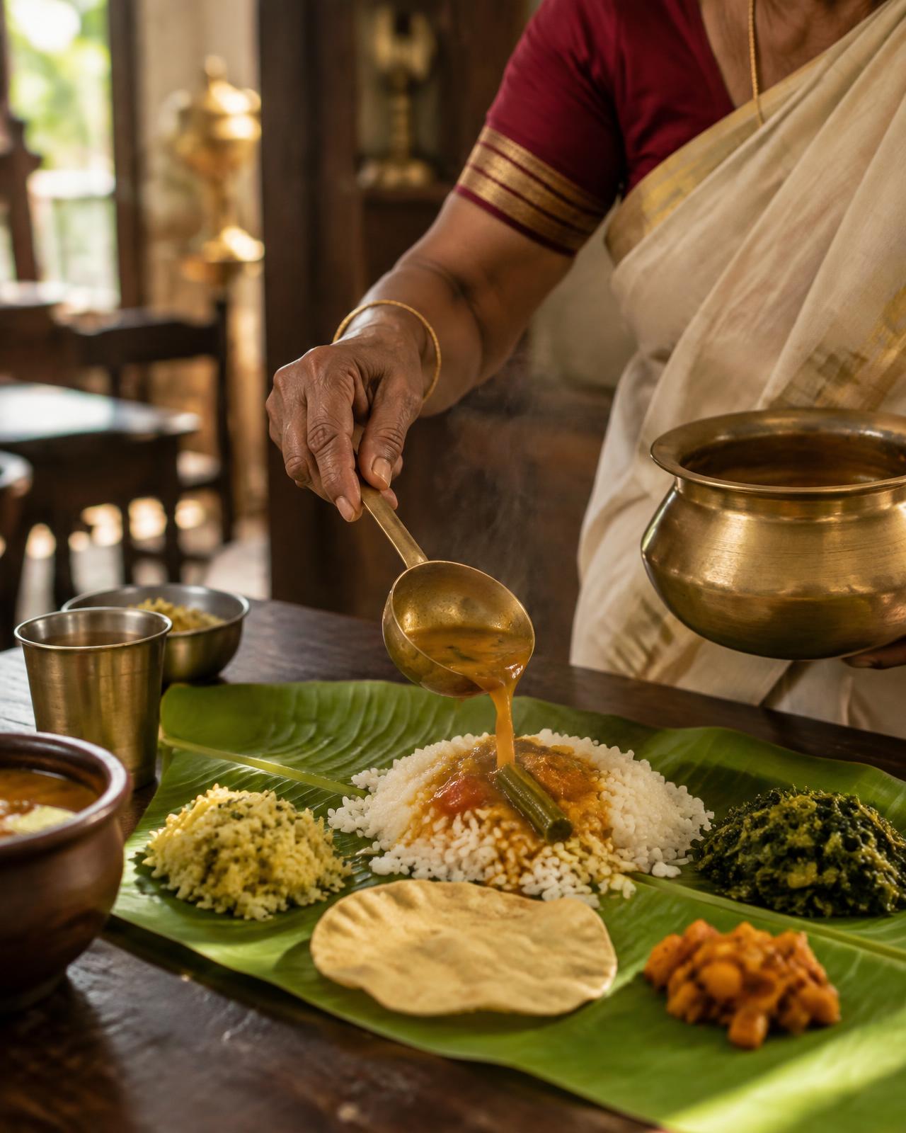 Sambar being ladled from a brass vessel onto a traditional banana leaf meal