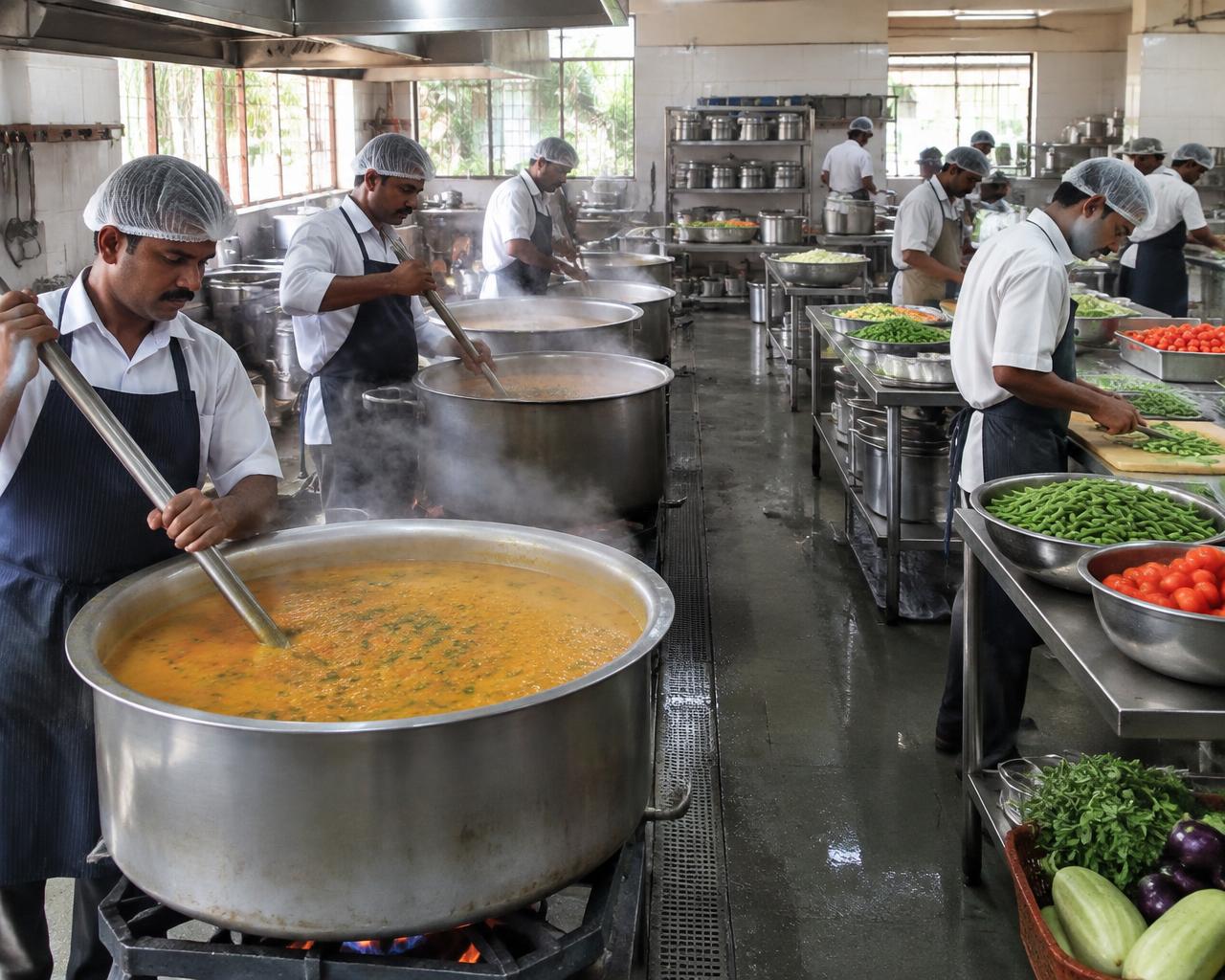 Cooks preparing large vessels of sambar in a professional vegetarian catering kitchen